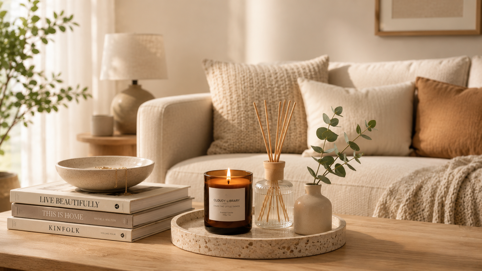 Cozy home fragrance setup in a warm and inviting living room