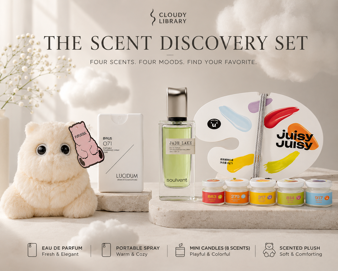 The Scent Discovery Set – Eau de Parfum, Portable Fragrance Spray, Mini Scented Candle Set & Scented Plush Gift Bundle